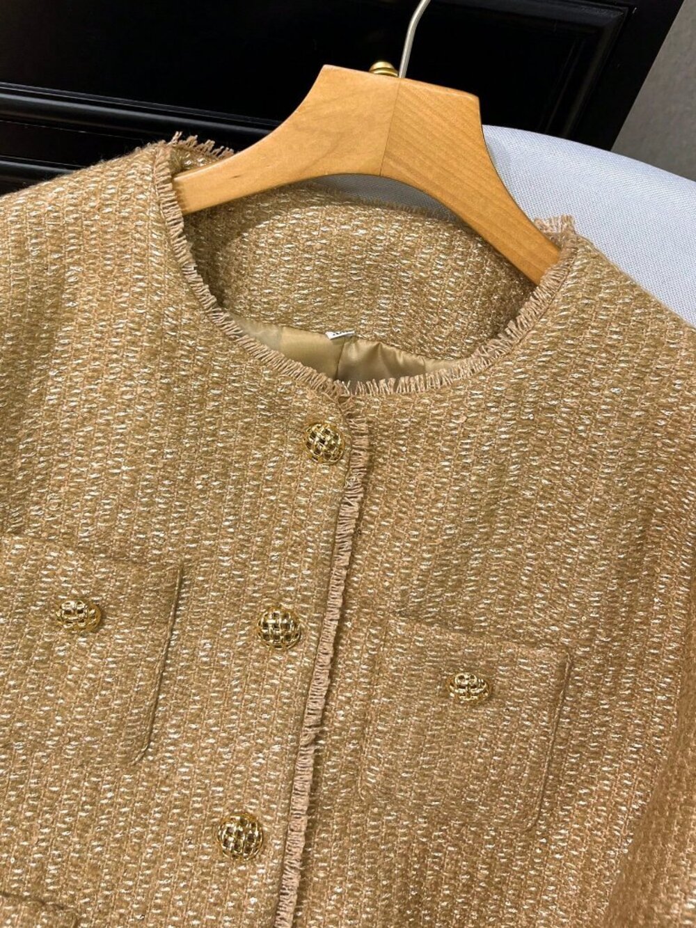 Khaki Elegant Casual Women's Loose metallic shimmer Tweed Jacket - Picture 5 of 6